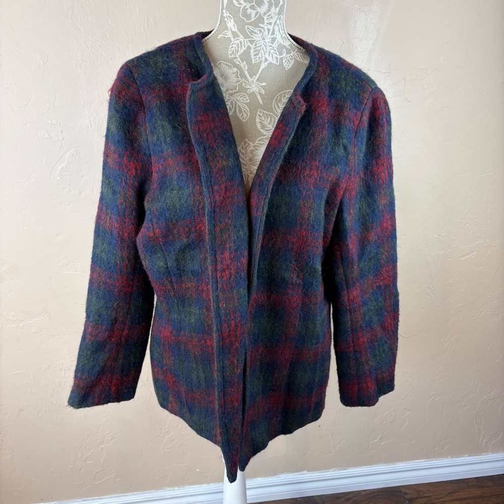 Talbots Plaid Blue Red Wool Blend Blazer Fuzzy Women’s size 14W